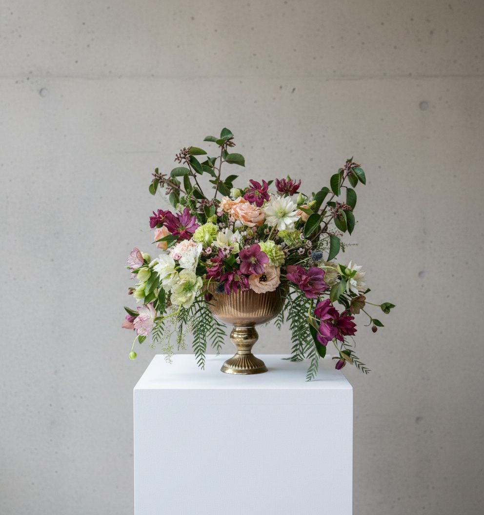 Romantic blush arrangement with anemones, roses, and curly willow accent