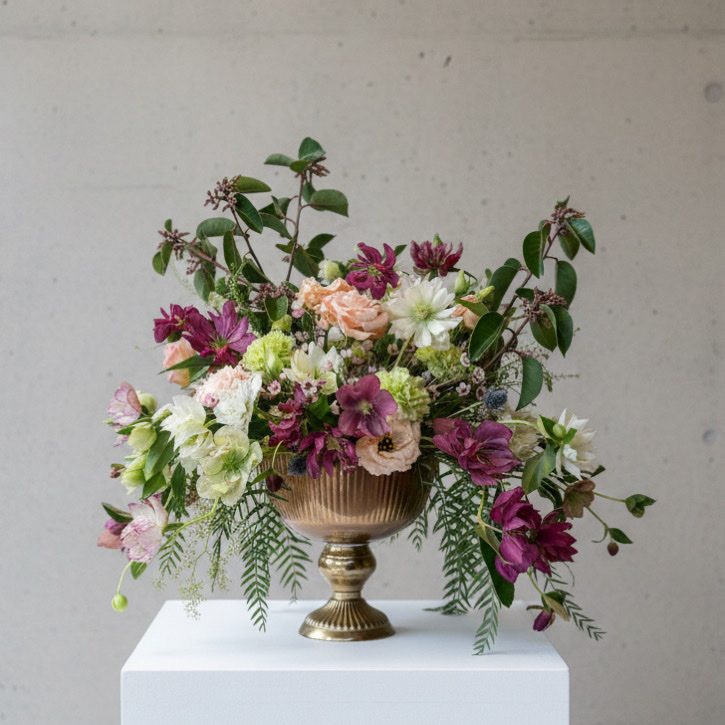 Lush floral arrangement in brass compote vessel with clematis, roses, and trailing ferns