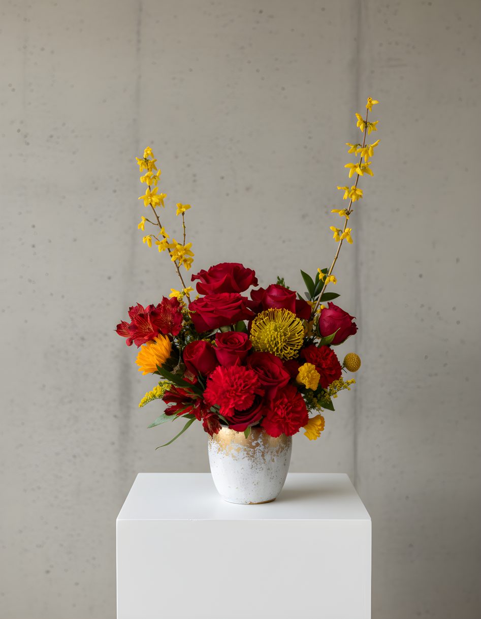 Lunar New Year arrangement with red roses, yellow pincushion protea, and forsythia in gold vessel