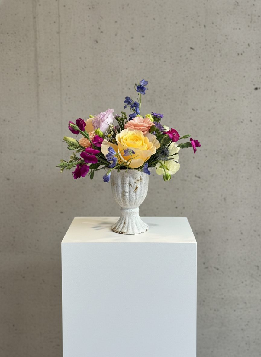 Vibrant spring arrangement with yellow roses and blue accents in ceramic urn