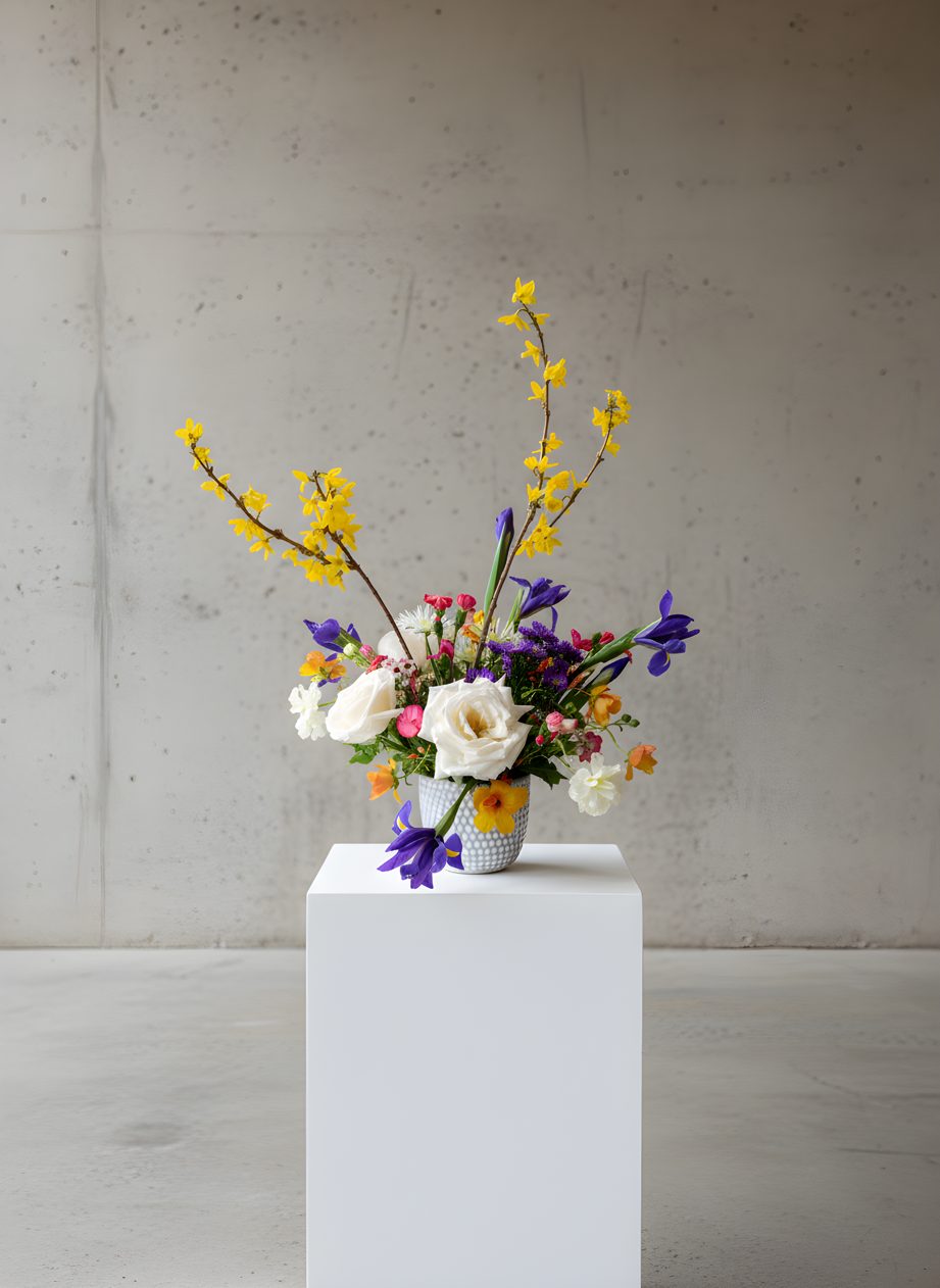 Spring arrangement with forsythia branches and purple iris