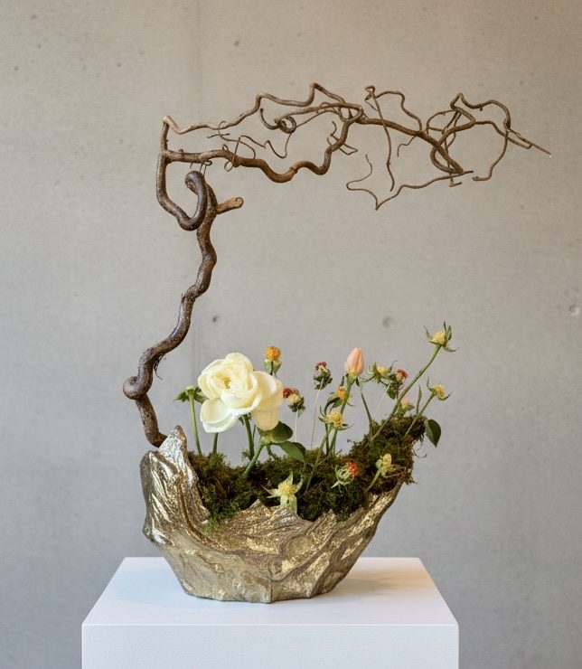Ikebana-inspired arrangement in gold shell vessel with contorted willow and moss