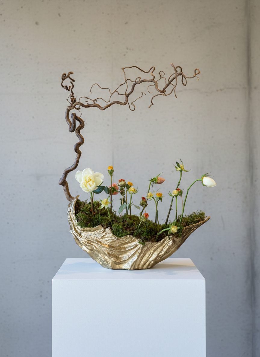 Detailed view of gold shell vessel arrangement with wild meadow flowers
