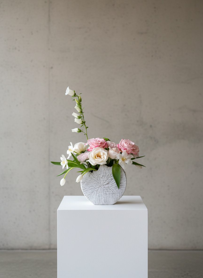 Hellebore ikebana arrangement in wide ceramic plate