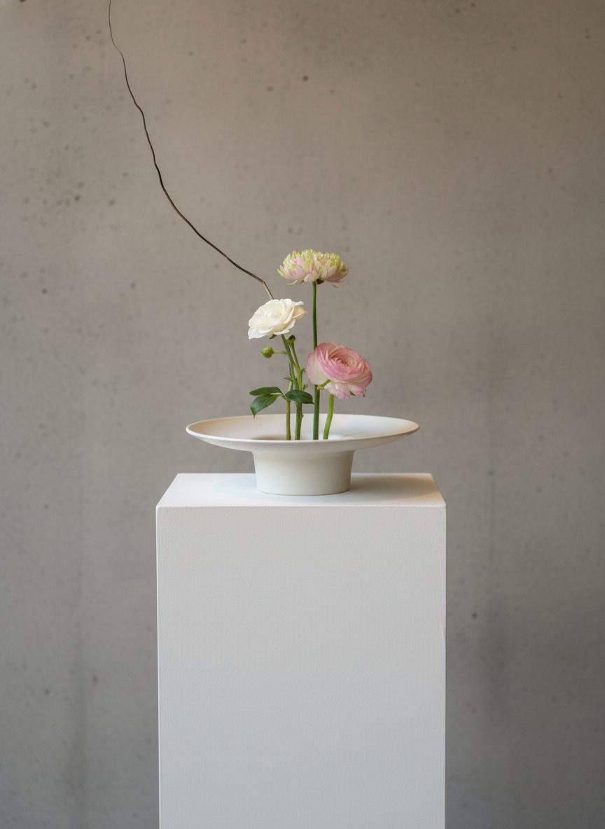 Minimalist ikebana with ranunculus in ceramic plate vessel