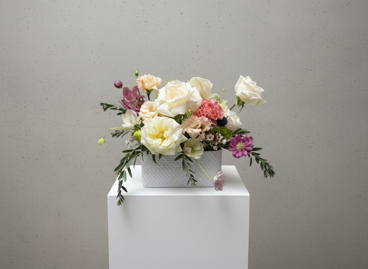 Lavender stock and white roses with magenta clematis in wave-textured bowl