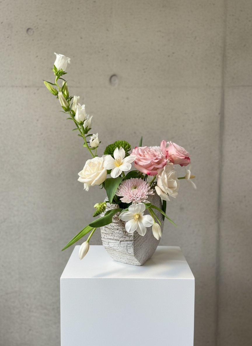 Pink and white roses in textured ceramic vessel with trailing narcissus