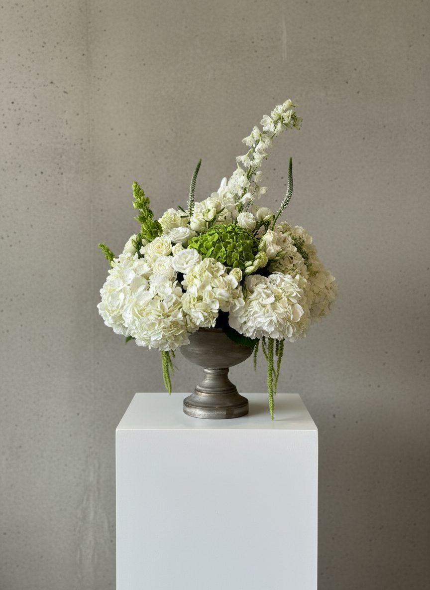 White hydrangea and delphinium arrangement in silver urn